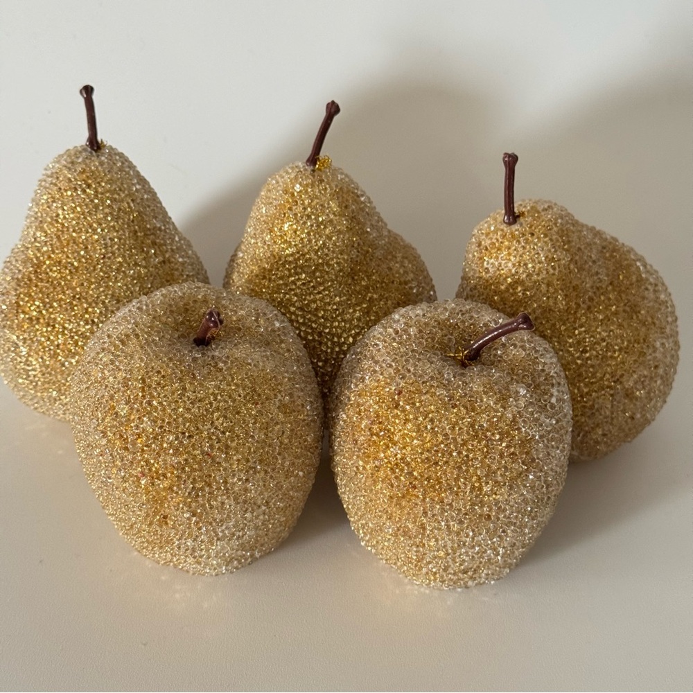 Sugared Beaded Faux Fruit Holiday Decor Pears Apples Gold Toned Set of 5  Includ